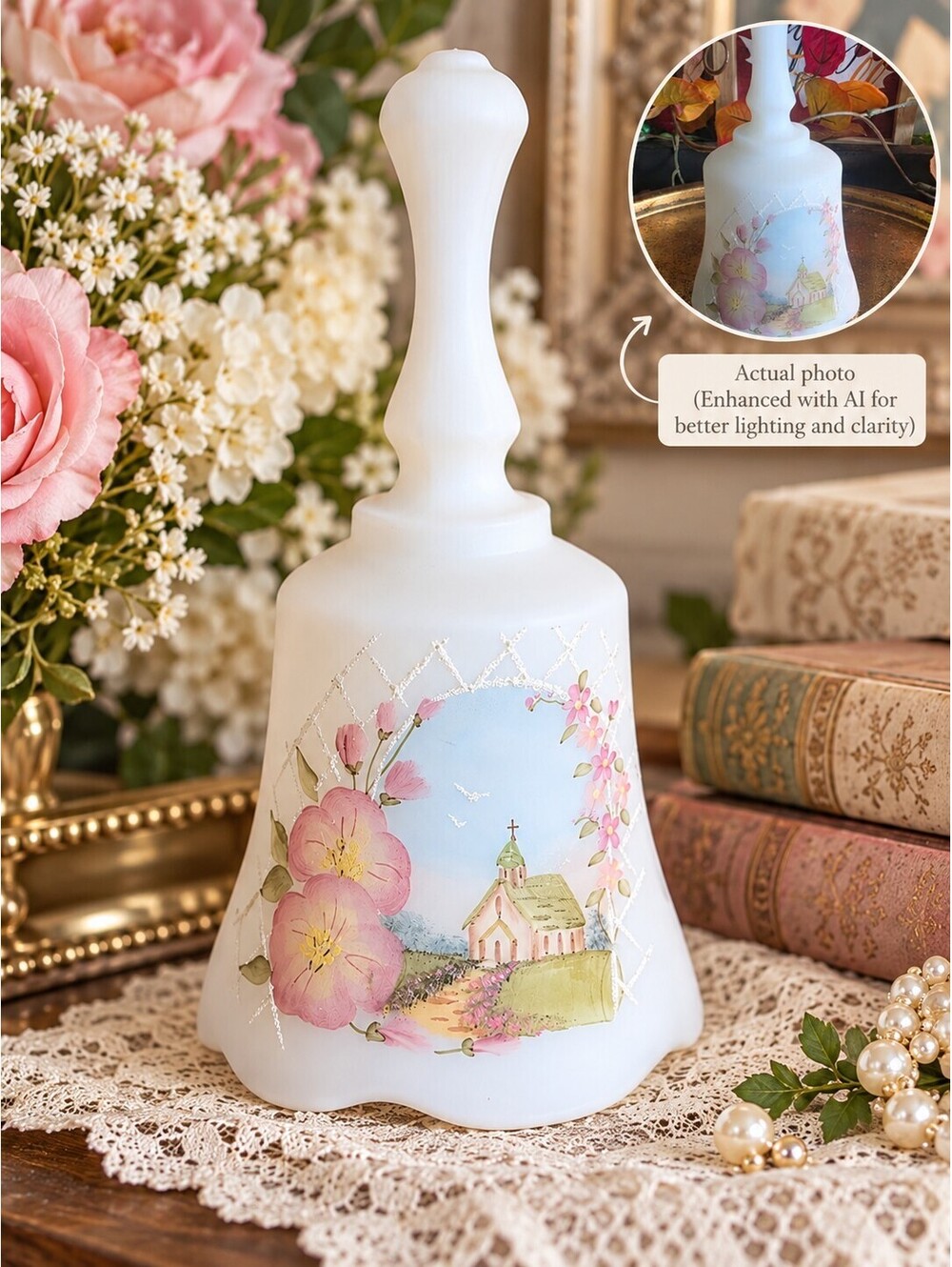 Vintage Fenton White Satin Glass Wedding Musical Bell Hand Painted Church USA